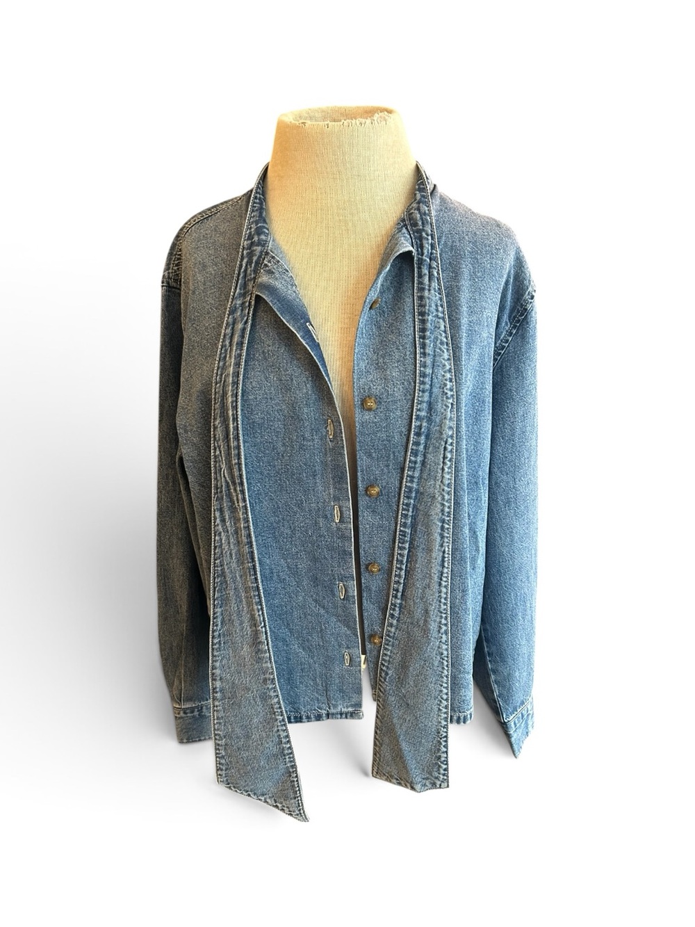 Oat New York NWT  Women’s Blue Denim Button-Down Shirt with Scarf Tie Medium